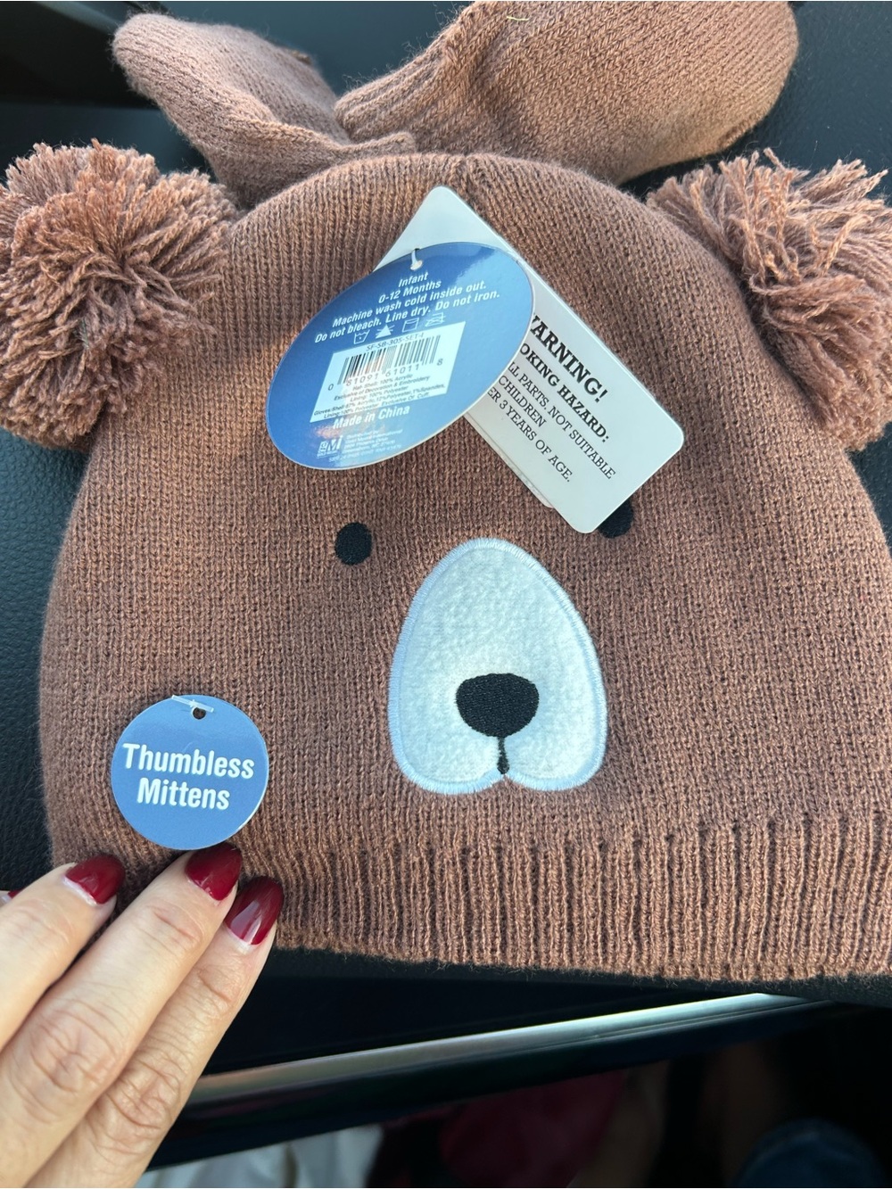 Kids Brown Bear Knit Hat with Matching Mittens